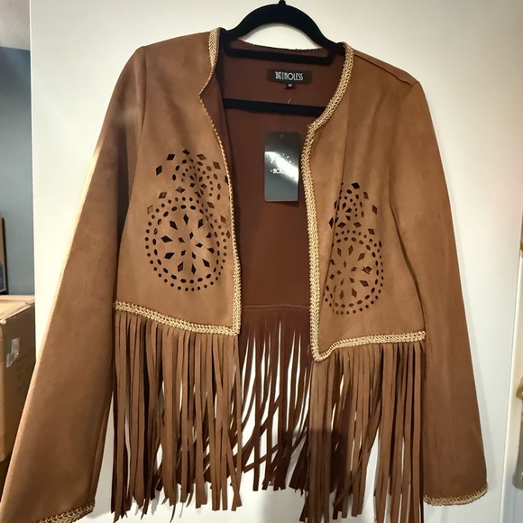 Chic Tan Fringe Jacket with Cutout Design - Picture 1 of 3